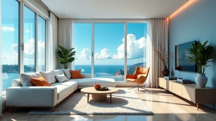 Fototapeta premium Modern coastal living room with panoramic ocean view, featuring a light-colored sectional sofa, stylish armchair, and contemporary wooden coffee table