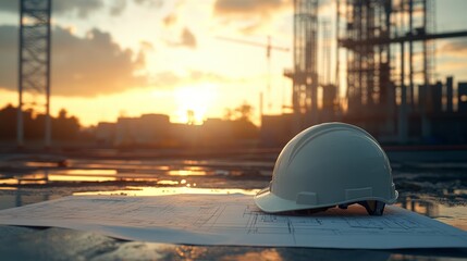 Construction site at sunset with safety helmet and blueprints, showcasing the importance of safety in building projects, construction safety concept