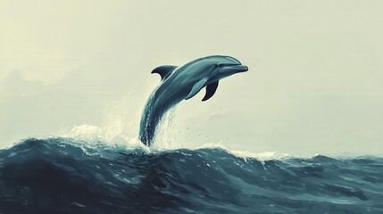 Obraz premium A vibrant dolphin leaps gracefully from sparkling blue waves, mid-air with a dynamic twist towards the right, capturing fluid motion and lively energy against the azure backdrop