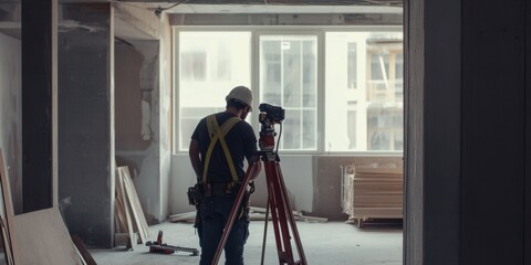 Construction worker using a total station for surveying in an unfinished building interior, modern architecture, engineering, construction site, surveying concept