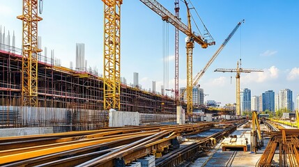 Cranes and concrete structures rising at a high-speed train station construction site, under a blue sky.