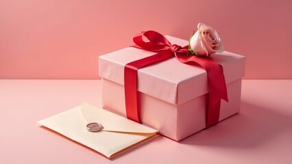 Obraz premium A delicately wrapped pink gift box adorned with a vibrant red ribbon and a single rose, accompanied by a cream-colored envelope sealed with an elegant wax stamp, rests on a soft pink surface.