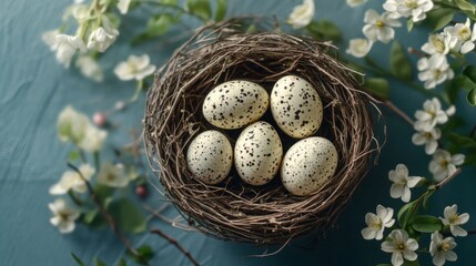 Obraz premium Easter holiday celebration with colorful eggs in nest and blooming spring flowers on pastel background, festive seasonal decoration with copy space, flat lay composition for springtime greeting card d