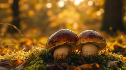 Fototapeta premium Forager's dream Boletus mushrooms emerging from a bed of moss, bathed in golden autumn light.
