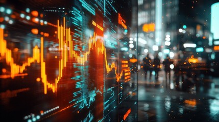 Cyberpunk Cityscape with Financial Data and Urban Elements Visualization