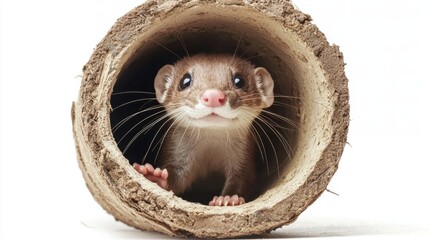 Obraz premium Curious Weasel Peeking Out of Natural Clay Tube in Studio Setting