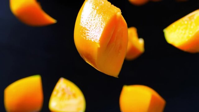 Closeup of mango slices on a black background in slow-motion view