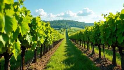 Serene Vineyard Rows Under a Summer Sky, Lush Green Foliage Extending Towards Distant Hills