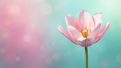 Fototapeta premium Delicate Pink Tulip Blossom Against a Soft Pastel Background, a Symbol of Spring's Gentle Arrival and Renewal