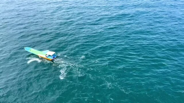 Aerial view over traditional wooden fishing boat at Java Sea Indonesia 