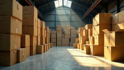 Sunlit Industrial Warehouse Filled with Stacked Cardboard Boxes Ready for Shipment and Distribution