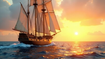 A majestic sailing vessel glides across the ocean's surface, bathed in the warm, golden hues of a breathtaking sunset