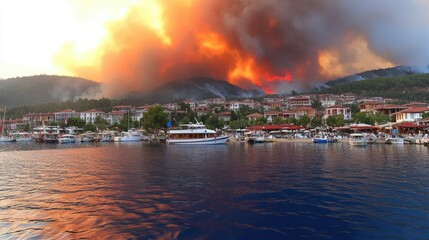 Obraz premium Massive wildfire near Marmaris, Turkey, with thick smoke rising over the forest close to the resort town.