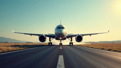 A commercial airplane taxis down a runway towards the camera at sunset, preparing for takeoff or landing.