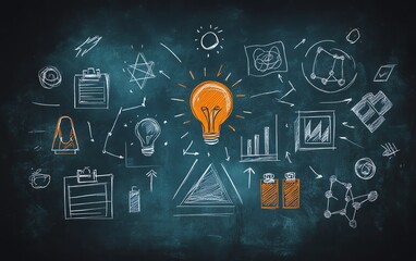 Digital blackboard illustration with doodles in the center