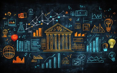 Digital blackboard illustration with doodles in the center