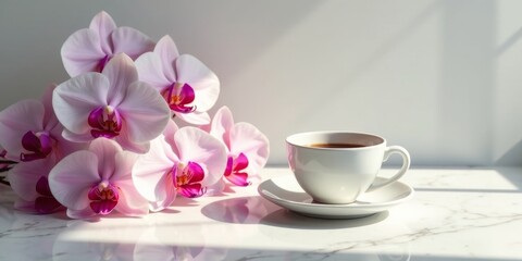 Fototapeta premium Aromatic Coffee Beside Delicate Pink Orchids on a Marble Surface in Sunlight
