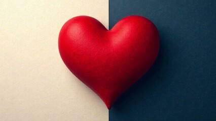 Obraz premium A vibrant red heart shape rests against a backdrop of contrasting cream and dark blue hues, symbolizing duality and passion.