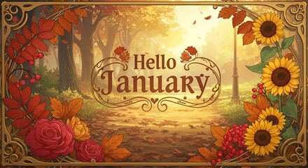 A Warm Hello January Greeting Card Featuring Autumnal Flowers and Pathway