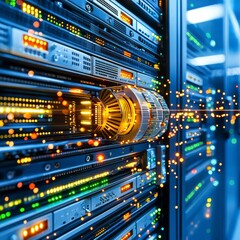 Data Center Server Rack with Network Connections.