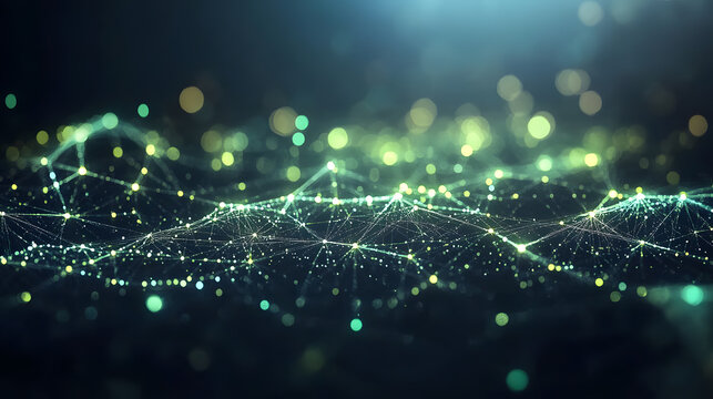 Flowing green wavy lights moving across the dark backdrop. - Powered by Adobe