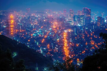 Vibrant Cityscape at Night with Twinkling Lights and Skyscrapers