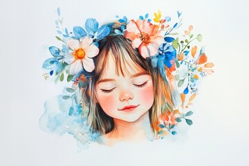 Serene Watercolor Portrait of a Girl Adorned with Flowers