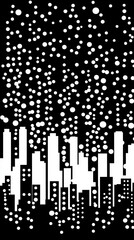 Abstract city skyline silhouette with falling snowflakes creating a winter atmosphere