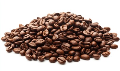 Heap of roasted coffee beans isolated on white.