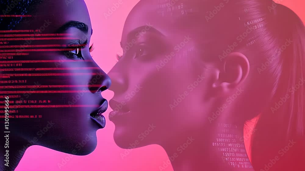 Poster woman with a futuristic digital effect of red data lines streaming across her face, set against a gr