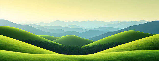 Obraz premium Serene green hills, distant mountains, sunrise
