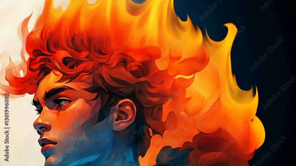 Poster dramatic portrait of a red-haired person with abstract fiery background in vibrant colors for artist