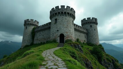 Ancient Stone Fortress on a Verdant Hilltop, Pathway Leading to its Majestic Entrance