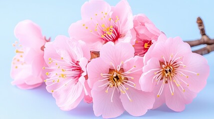Fototapeta premium Delicate Pink Blossoms on Pale Blue Background