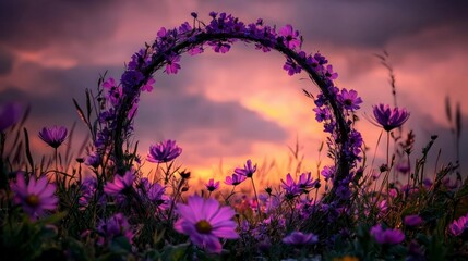Naklejka premium Magical Sunset Purple Cosmos Flower Arch Dreamy Meadow Landscape