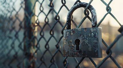 Close-Up of Padlock on Chain-Link Fence Highlighting Security and Protection