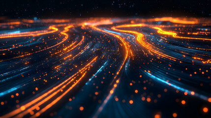 A glowing cityscape with a network of lights, showing the vibrancy and energy of urban life.