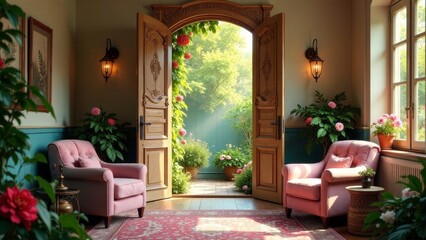 Serene sunlit interior featuring French doors opening to a vibrant garden, showcasing two pastel armchairs and lush potted plants, creating a tranquil and inviting atmosphere.