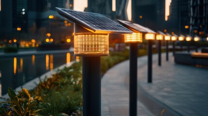 Obraz premium Modern Urban Environment with Solar Streetlights at Dusk