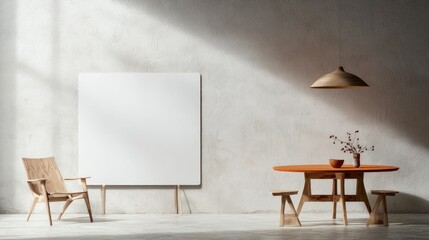 Modern Minimalist Interior Design  Orange Table  White Board  Wooden Chair