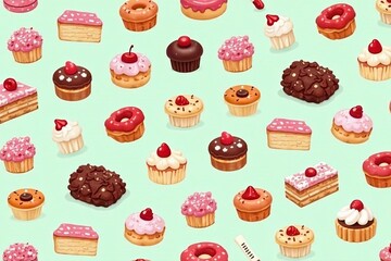 Whimsical seamless pattern of vector pastries and baked goods for bakery branding, seamless, dessert