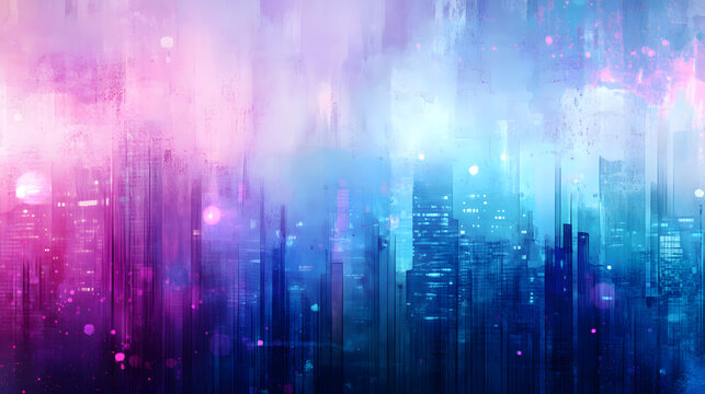 Cool blue and purple neon lights on a city skyline