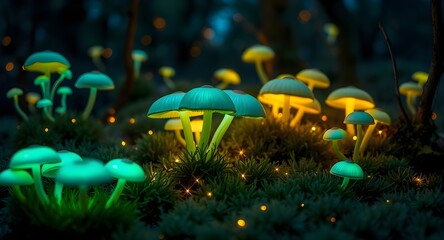 Fototapeta premium Bioluminescent Mushrooms Glow in Magical Forest (AI-Generated).
