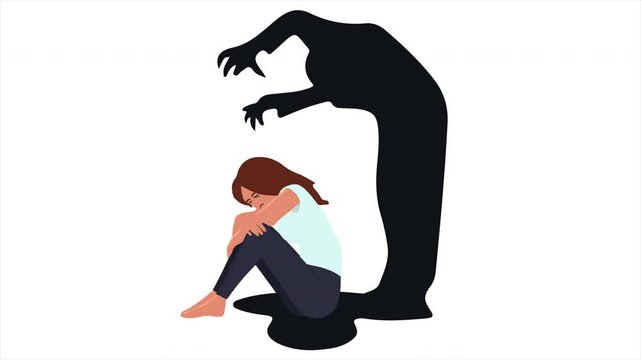 Mental illness concept animation. A woman afraid of monster mental health vector animation. 4k video