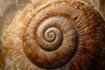 Close-up of brown spiral shell with intricate patterns and textures
