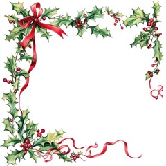 Fototapeta premium Holly and ribbon Christmas border.