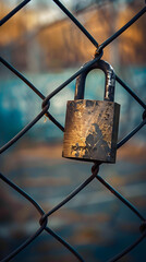 Close-Up of Padlock on Chain-Link Fence Highlighting Security and Protection