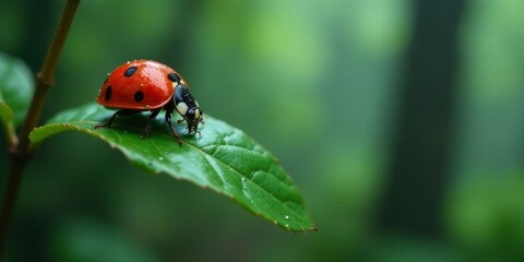 Fototapeta premium A vibrant ladybug delicately traverses a lush green leaf, showcasing nature's intricate details in a serene forest environment
