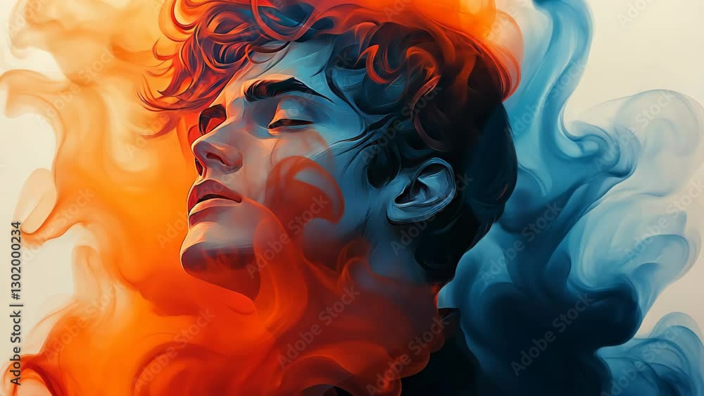 Poster surreal portrait of a person with red and blue flames surrounding face for creative expression and i