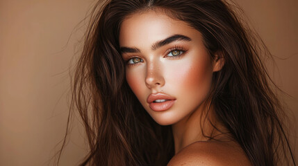 Fototapeta premium A beautiful model with long brown hair, generative AI
